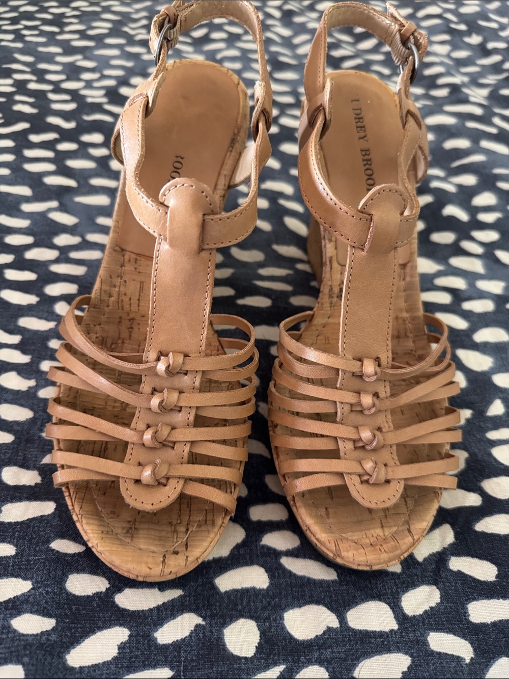 Audrey Brooke Tan Leather Strappy Wedge Cork Platform Sandals